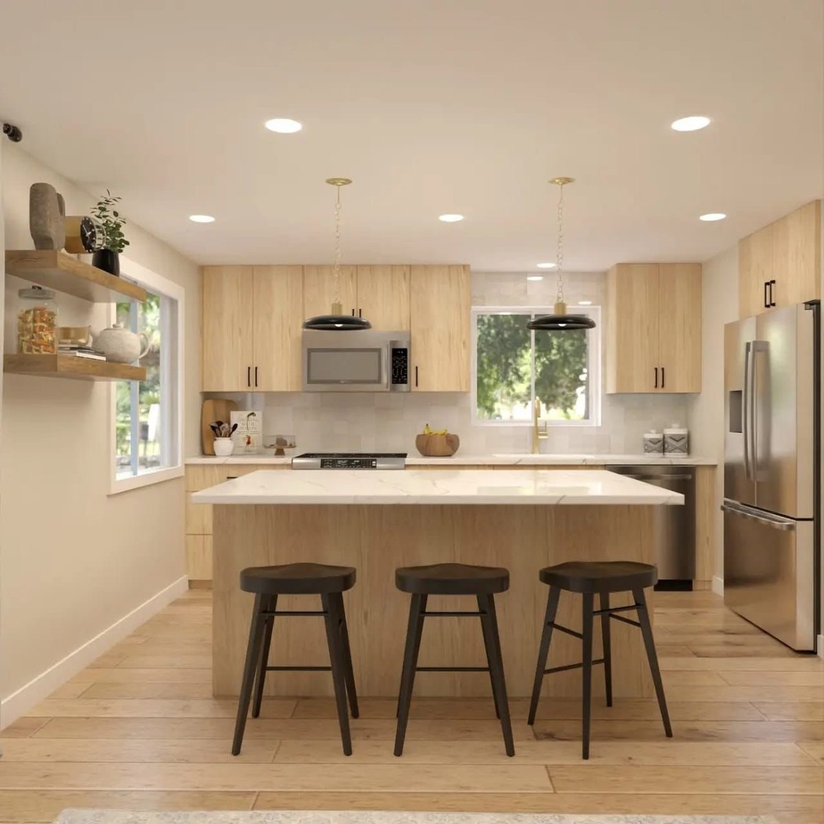 Light wood kitchen with a quartz island, three bar stools, pendant lights and stainless appliances